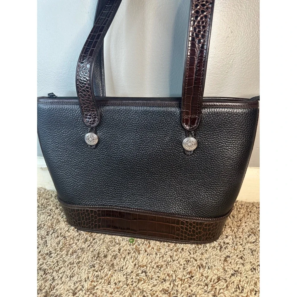 Brighton Black Pebbled Leather Croc Trim Tote Bag Floral Lining A510698